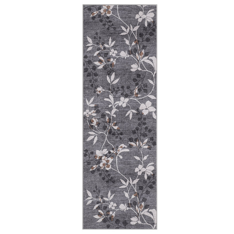 Modern Low Pile Floral Rug for Living Room, Kitchen and Bedroom, Gray, Runner 2' x 6'
