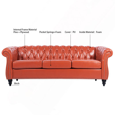 84.65" Chesterfield Rolled Arm 3-Seater Sofa
