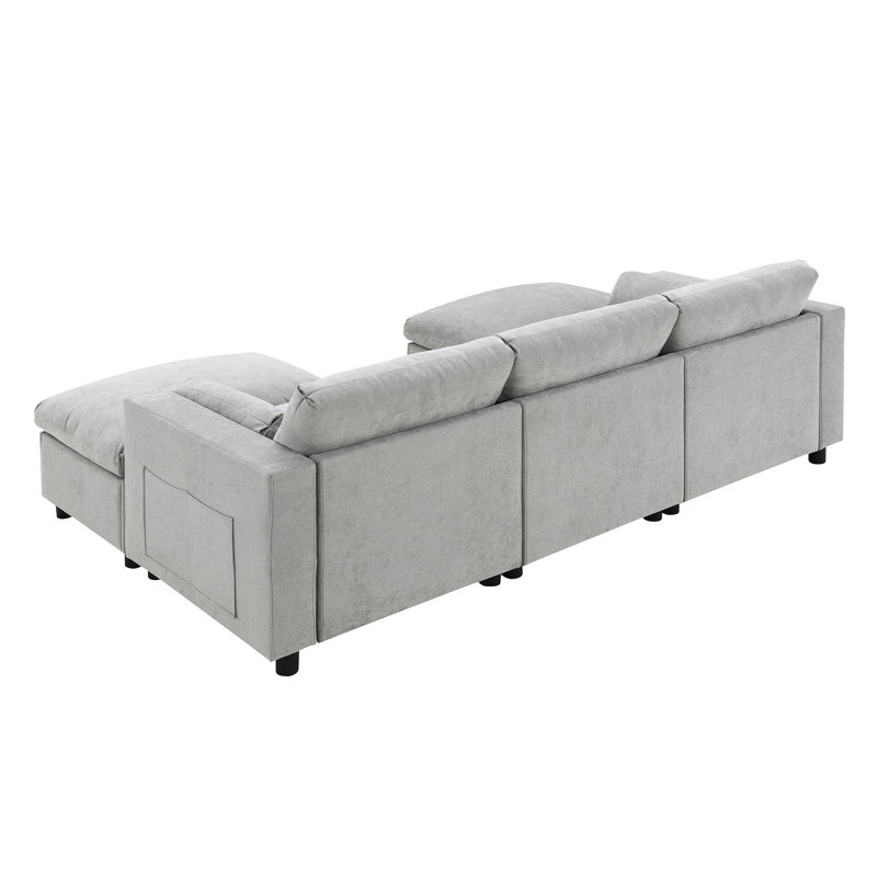 Chenille sectional with removable footstool and side storage pockets, White Chenille