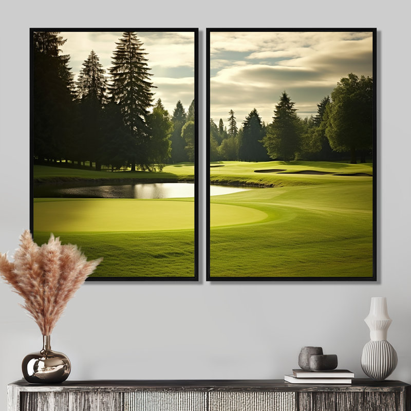 Golf Fairway Serenity - art mural moderne, Black, 36" H x 48" W, Impression encadrée flottante