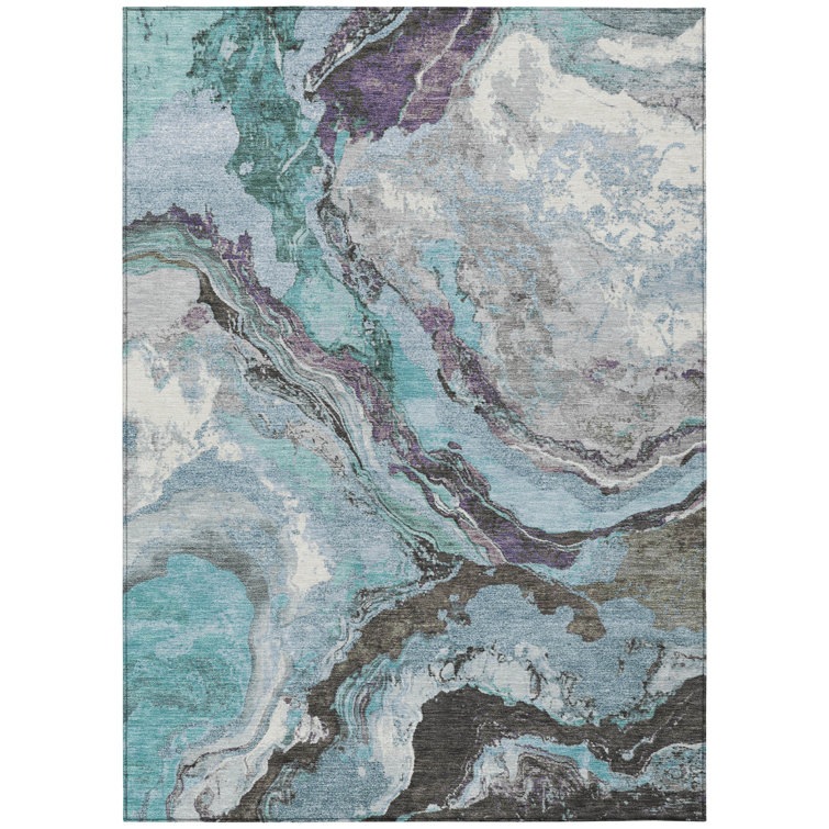 Machine Washable Indoor/Outdoor Xhevrie Teal Rug