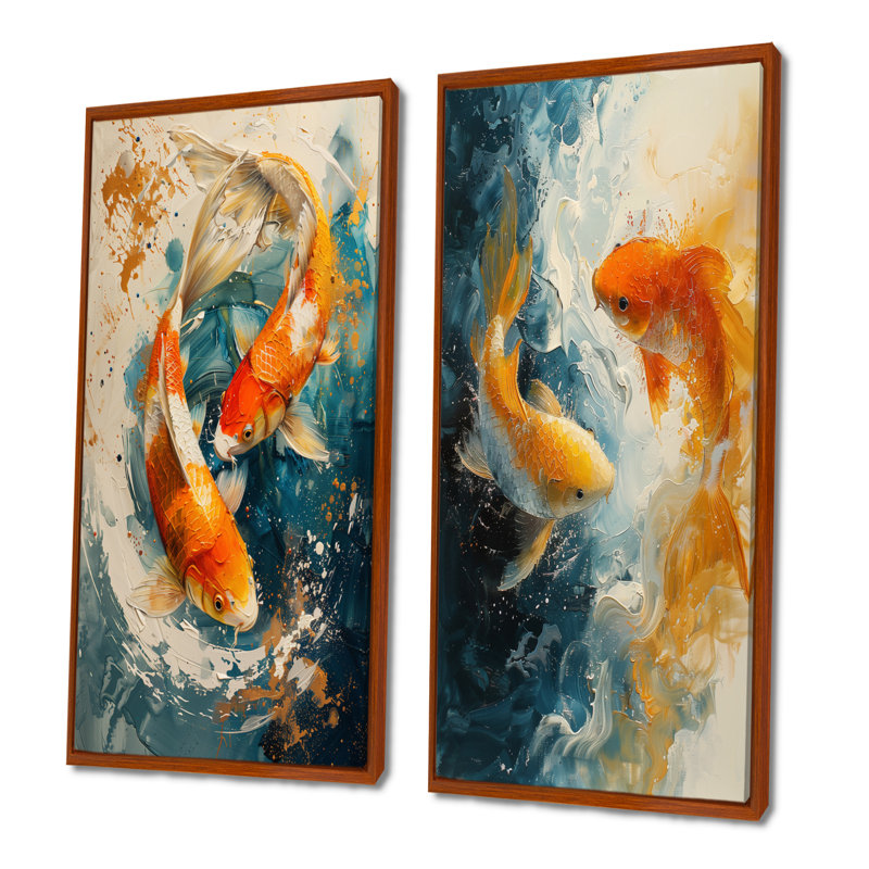 Orange, vert, passionné, poissons, koi, poisson, art mural 2 pièces, H 40 po x l 40 po, Impression encadrée, Brun