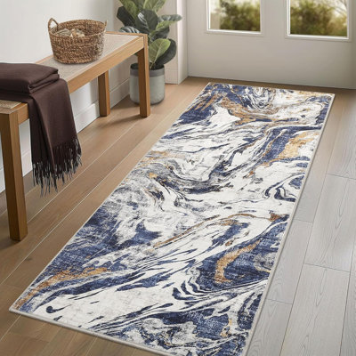 Machine Washable Rug – Non-Slip Low Pile Foldable Soft Modern Abstract Carpet for Entryway Bathroom Laundry Room Blue.