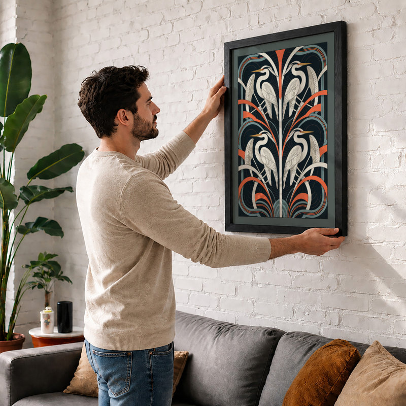 Mirrored Herons in Pattern Art Deco - Framed Print, A2 - 59.4 x 42.0 cm, White