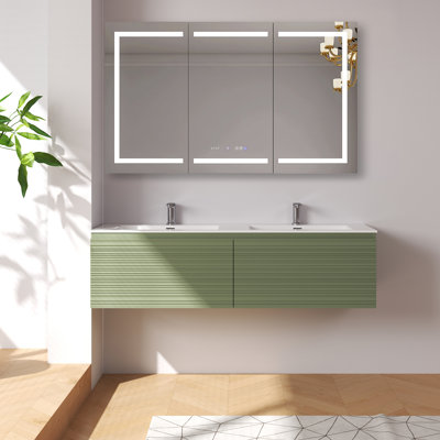 60'' Fully Assembled Wall Mounted Double Bathroom Vanity With Solid Surface Countertop
