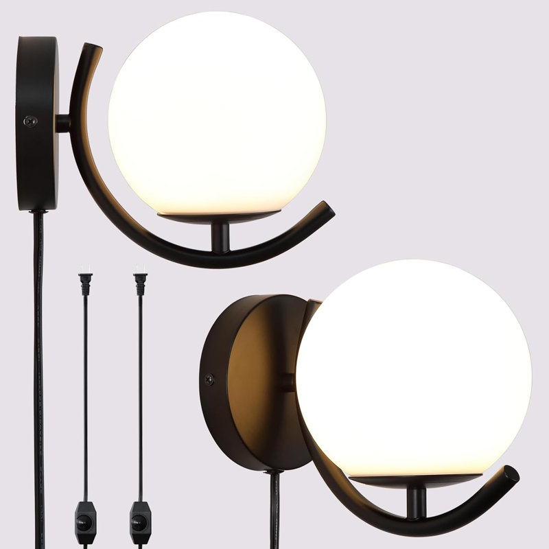 Dimmable Plug-In Wall Sconces Set Of 2 With Glass Shade, Mid-Century Modern Wall Lighting For Living Room, Bathroom, Kitchen, And Hallway