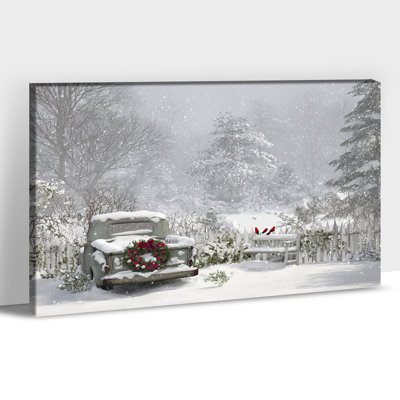 Grand art mural d'hiver - photos de Noël rétro, camion et œuvre d'art pour le salon, peinture de maison de campagne d'hiver pour la décoration murale, impressions sur toile encadrées, 32 po x 48 po