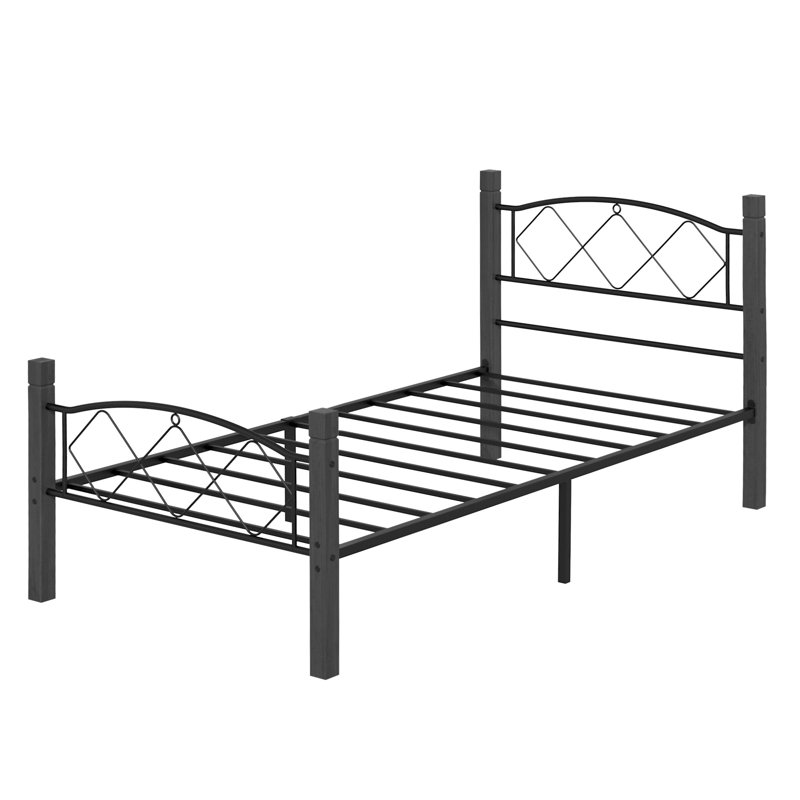 Krishara Hercules Twin Size Solid Wood Posts with Metal Bed Frame, Black