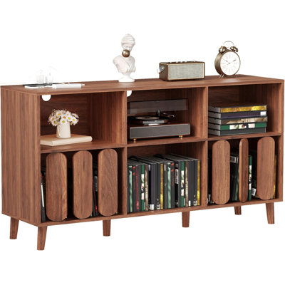 Mid-Century Modern Vinyl Record Player Stand with Storage, 6 Compartments, USB Charging Ports & Power Outlets – Turntable Table for Living Room by George Oliver