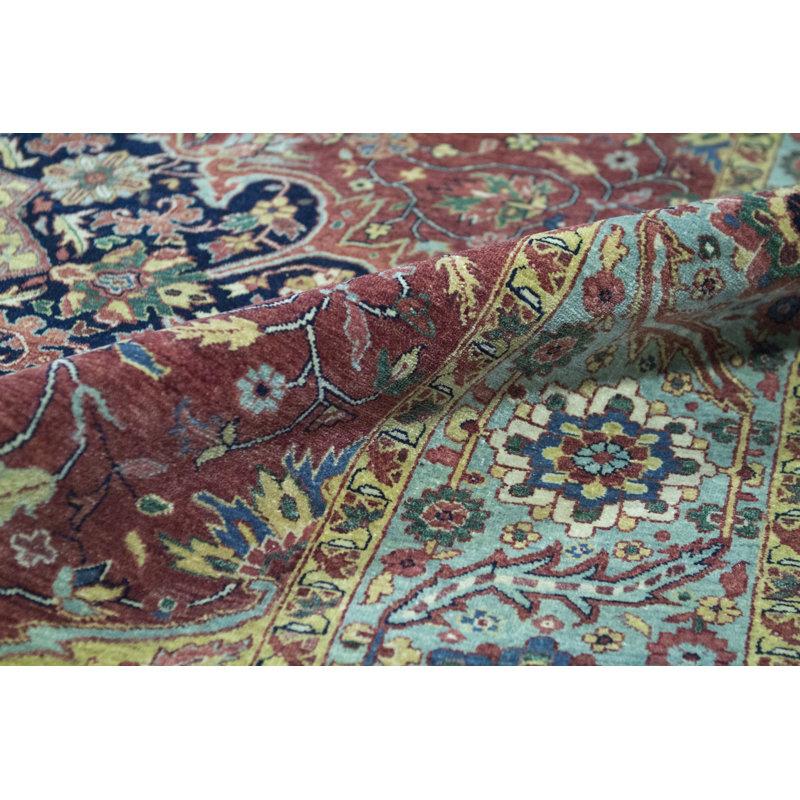 Tapis rouge et vert clair de haute qualité noué à la main