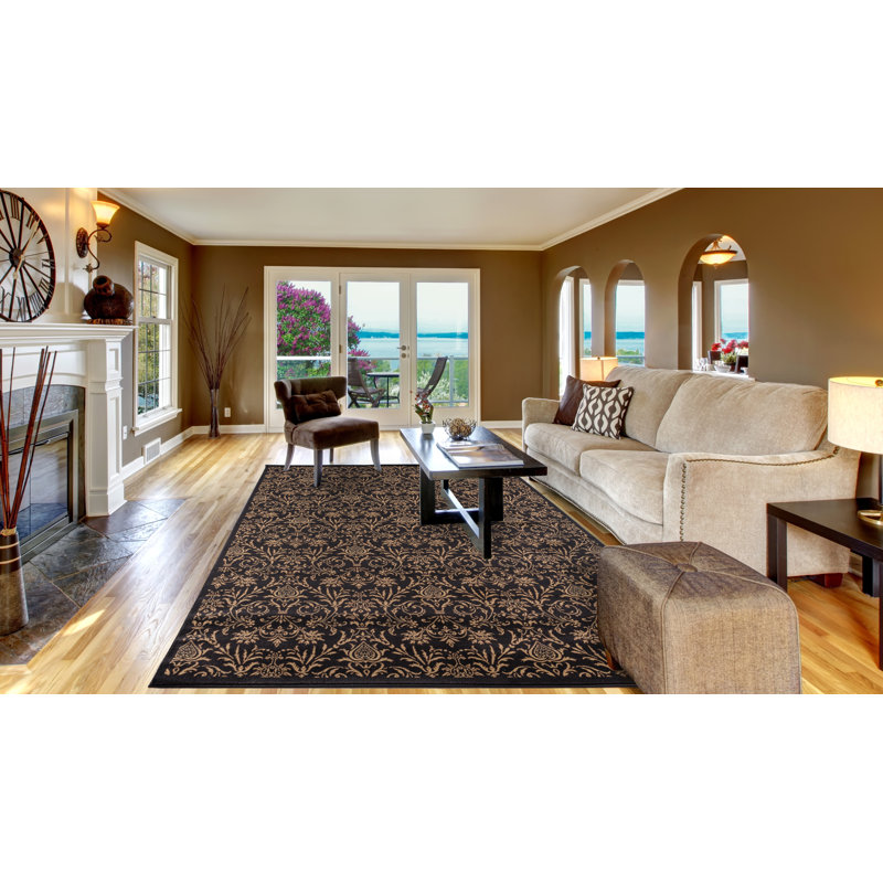 Tapis noir et brun à motif floral tissé à plat Edmont, Rectangle 6 pi 7 po x 9 pi 3 po