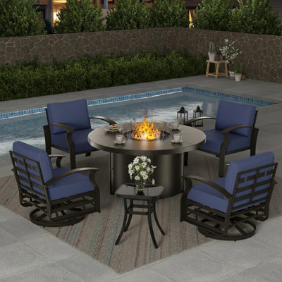Outdoor Patio Aluminum 5-Piece Conversation Set Swivel&Glider Armchair With Round LP Fire Pit Table