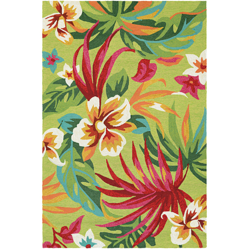 Stowthewold Floral Fern Green Red Handmade Indoor Outdoor Area Rug, Rectangle 2' x 4'