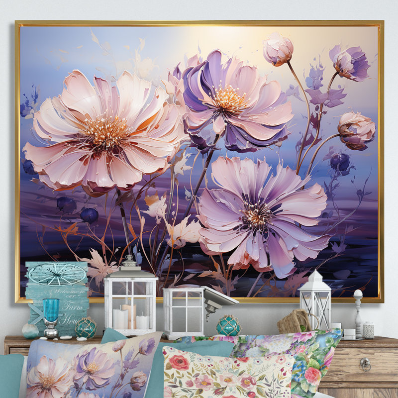 " Harmonious Violet Flowers Field ", Gold Floater Framed, 34" H x 44" W x 1.5" D