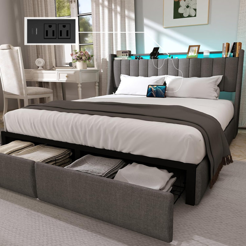 Upholstered LED Bed Frame with 2 Drawers, Bed with Storage Headboard and Charging Station