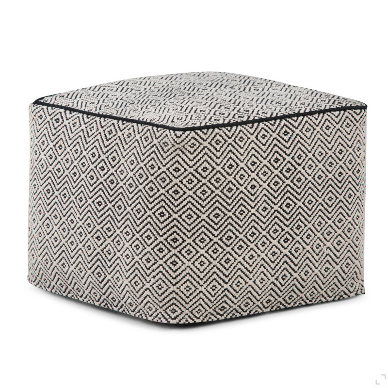 18 Inch Wide Square Pouf In Patterned Black And Natural Handwoven Cotton