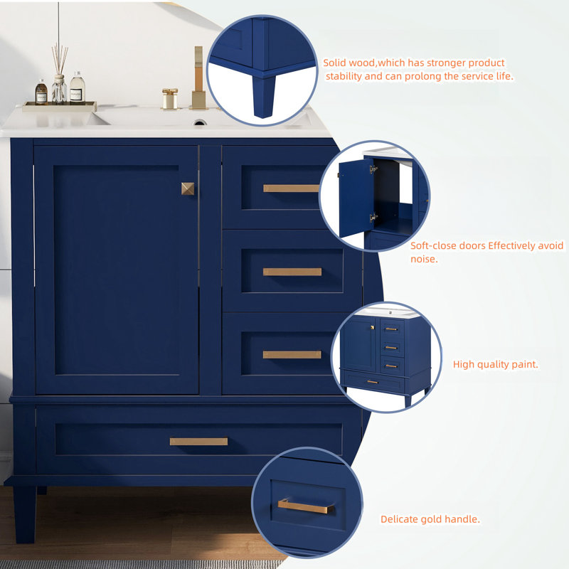 Nayelli Solid Pine Frame Bathroom Vanity with Ceramic Sink, Bathroom Storage Cabinet with 1 Silent Close Door and 3 Drawers