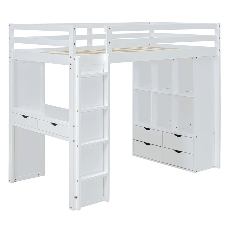 Lit mezzanine double avec grandes tablettes, bureau et lumière DEL, blanc