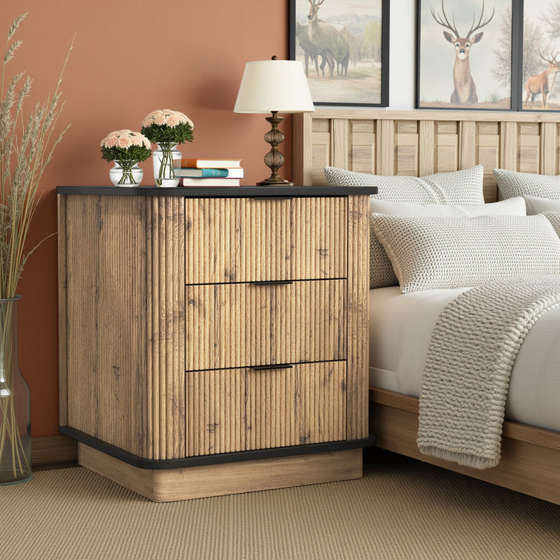 Table de chevet 3 tiroirs en panneau de fibres à densité moyenne, armoire de rangement noire et naturelle