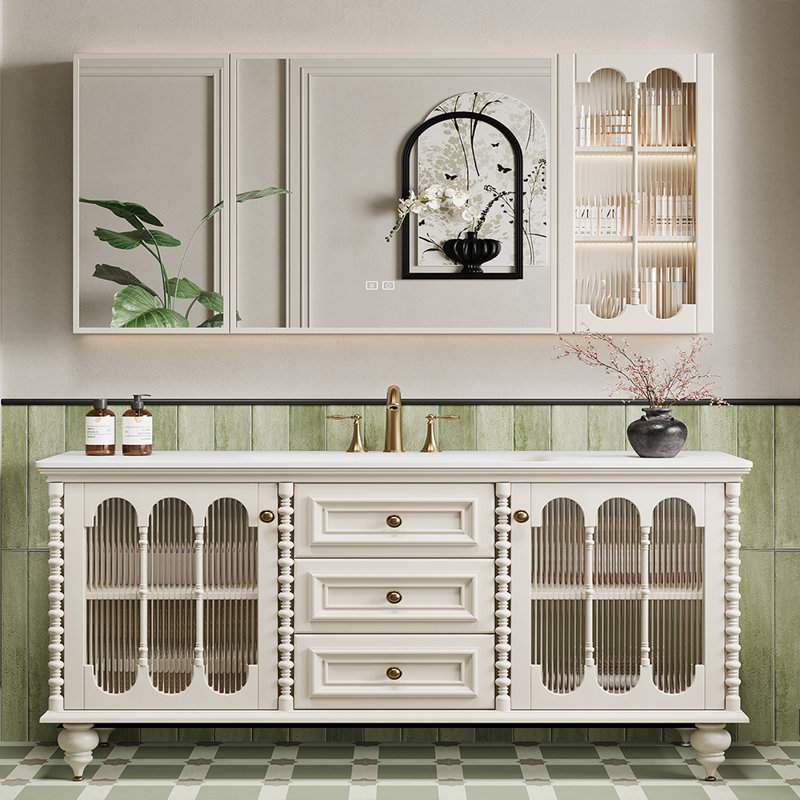 Armoire de salle de bain de style français rétro, H 32,28 po x l 66,93 po x P 21,65 po, Blanc cassé