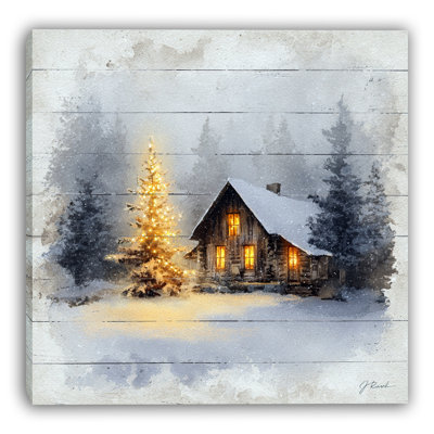 «Rustic Cabin Winter Lights and Snowfall», art mural sur toile