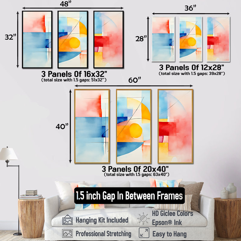 «Pastel Color Geometric Ink Explosion II», art mural géométrique, Cadre flottant noir, H 32 po x l 48 po x P 1 po
