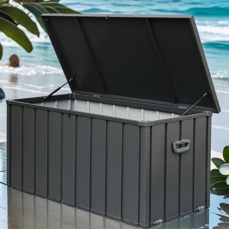 160 Gallon Outdoor Storage Deck Box, Waterproof Metal Patio Storage Bin With Hydraulic Pistons, Lockable Lid, Wheels & Handles For Cushions, Garden Tools – Dark Gray