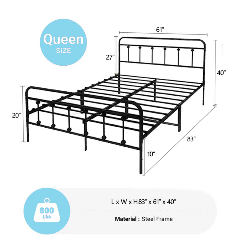 Blancha Metal Bed Frame with Vintage Headboard,No Box Spring Needed, Queen