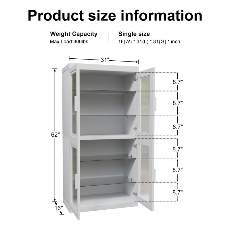62'' H X 31'' W Glass China Cabinet Antique Display Stand Curio Cabinet Dining Cabinet with Adjustable Shelves for Living Room Bedroom Kitchen