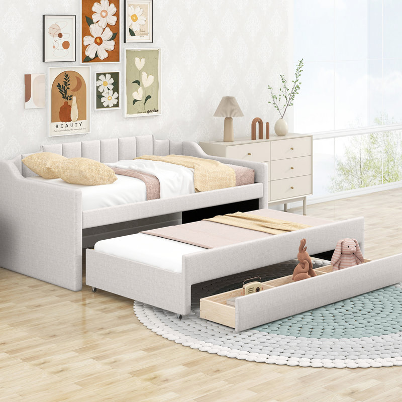 Lit de jour simple beige avec lit gigogne et tiroirs - Offrez-vous un endroit confortable pour vous détendre