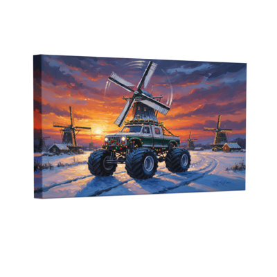 Christmas Monster Truck With Windmill Sunset Winter Scene Set of 3 Canvas Wall Art Prints
