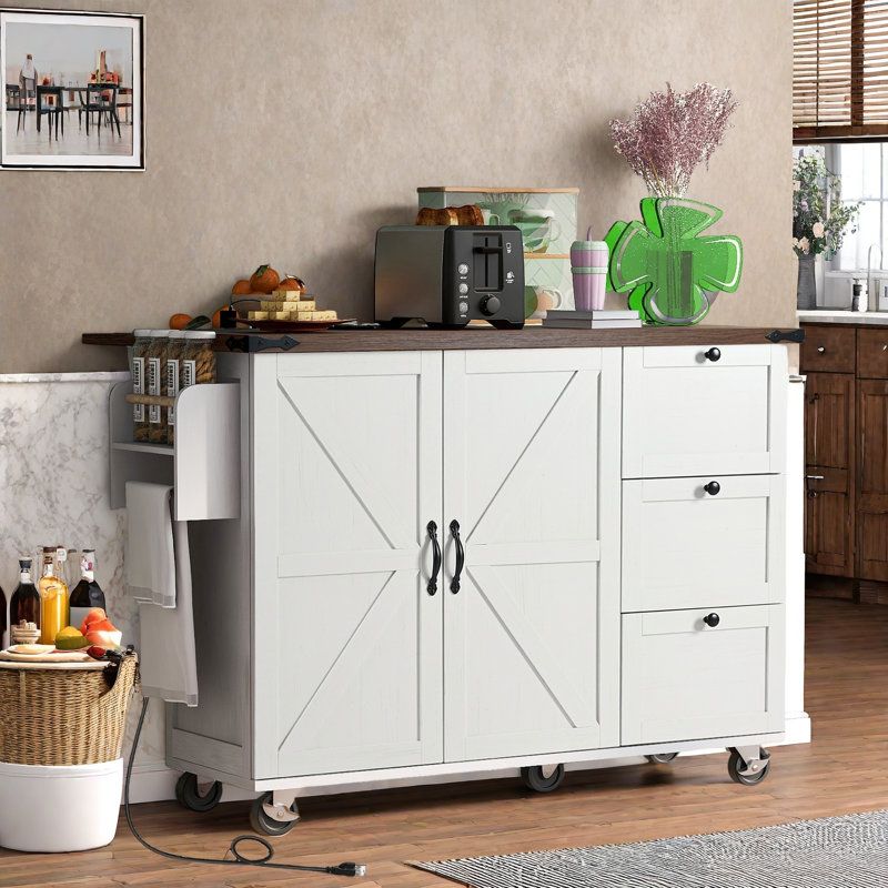 Farmhouse Kitchen Island With Power Outlet, Internal Storage Racks, Drop Leaf, Spice Rack, Towel Rack And 3 Drawers, White