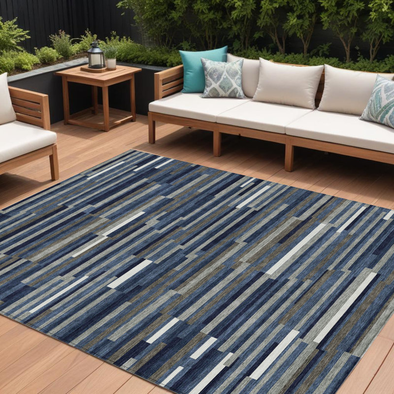 Tapis intérieur lavable rayé bleu marine et ivoire 9 pi x 12 pi