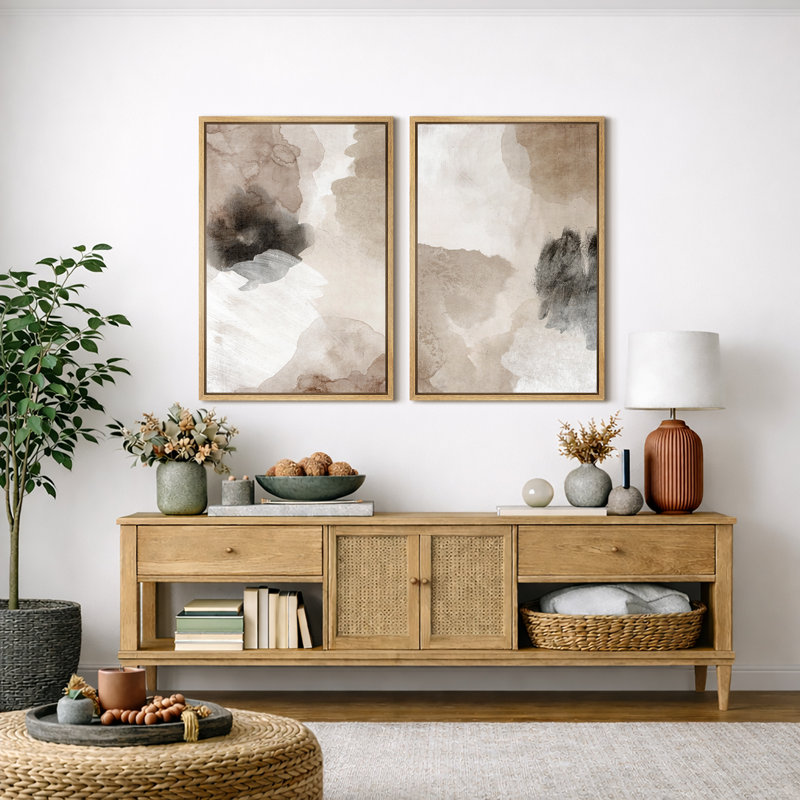 Grunge Abstract Paint Stroke Effect "Tan Brown Abstract Artwork, Modern Neutral Minimal Wall Pictures, Framed Canvas Giclée Print 2 Pieces Wall Art" 16x24x2 pcs, 24x36x2 pcs