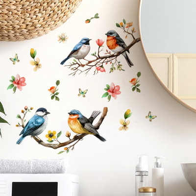 Branches peintes et oiseaux en verre avec fenêtre et décoration de la maison