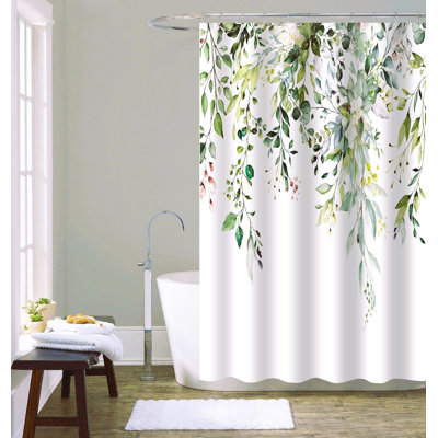 Rideau de douche en polyester avec crochets et feuilles en métal