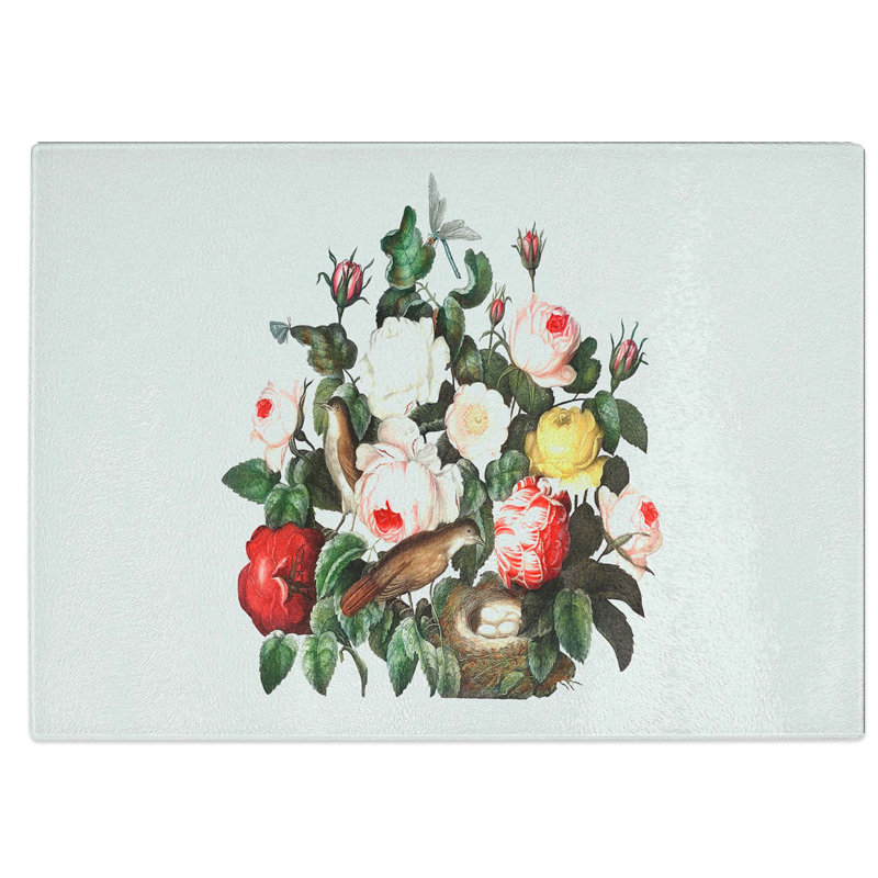 Tempered Glass Birds and Roses Chopping Board, 39 cm W x 28.5 cm L