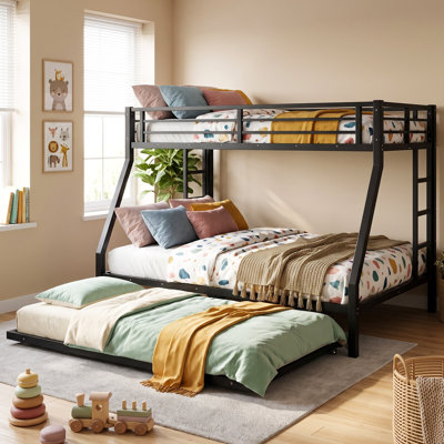 Twin Over Full Metal Bunk Bed with Twin Size Trundle, Guardrail, Ladder & Under-Bed Storage, No Box Spring Needed 