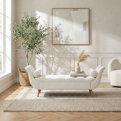 Upholstered Velvet Tufted Bench with Pillows, Curved Rolled Arm Ottoman Footstool