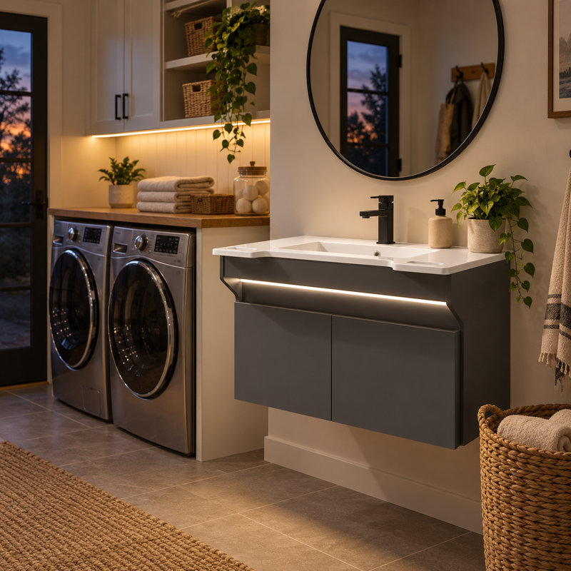 Meuble-lavabo mural en résine 32 po avec lumière à détecteur de mouvement, poignées latérales et conception ADA-compatible