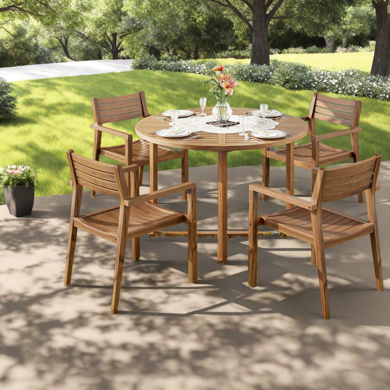 Durable Acacia Wood Patio Dining Set, Rustic Elegance For Gardens, Patios, And Indoor Spaces