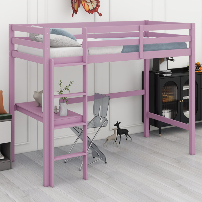High Wood Loft Bed, With Safety Guardrail, Built-In Desk, Ladder, Pink