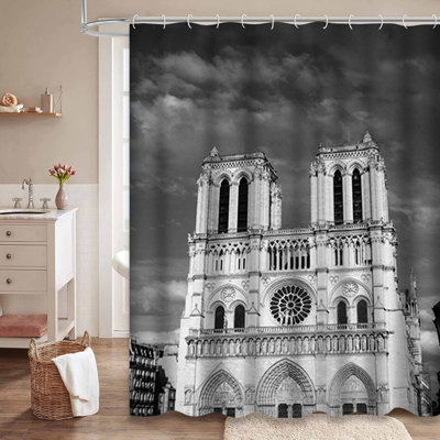 Paris France Gray Shower Curtain with 12 Hooks
