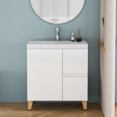 Ensemble de meuble-lavabo moderne avec lavabo, meuble-lavabo avec portes et tiroir, système anti-égratignure, conception sans poignée, pieds en bois massif naturel, lavabo en céramique, assemblage facile, blanc brillant