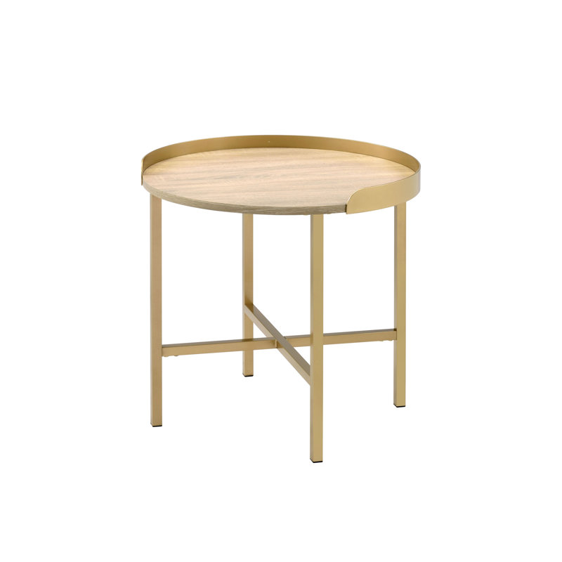 Table de bout ronde moderne de couleur chêne et or - embellit l'espace de vie en bois et en métal rehausse le design de la maison