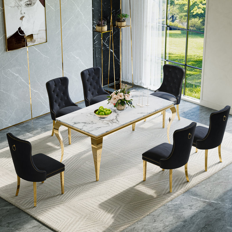 7-Piece Dining Table Set, Marble Veneer MDF Dining Table, With 6 Velvet Dining Chairs, Black/Gold, Gold