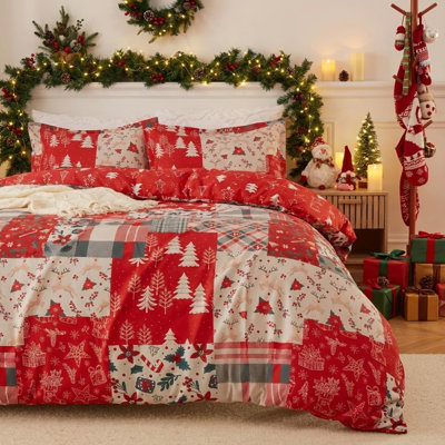 Housse de couette imprimée de Noël réversible, avec 8 attaches aux coins et fermeture à boutons dissimulée