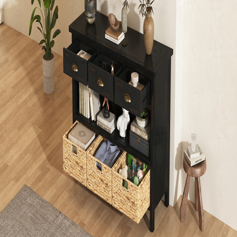 Console rétro avec paniers tissés jacinthe d'eau, Espresso