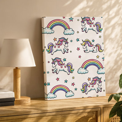 Toile, motif fantaisiste mettant en vedette des licornes ludiques avec art mural pastel