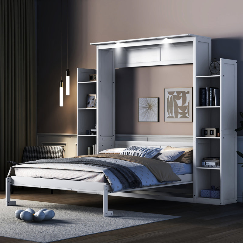 Grand lit avec tablettes réglables et luminaires suspendus à DEL - Meuble blanc peu encombrant pour la chambre à coucher